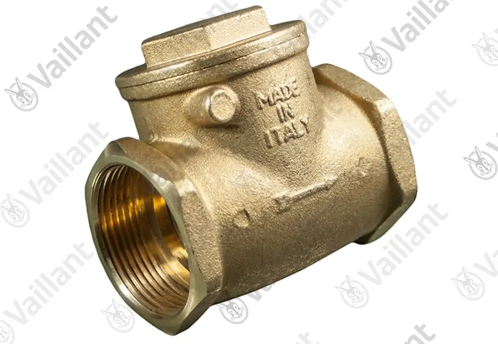 Vaillant Rückflussverhinderer aus Metall mit einem seitlichen Anschluss. Die Konstruktion zeigt einen groben Innenbereich und eine glatte Außenseite. Eindeutig gekennzeichnet mit 'Made in Italy'.